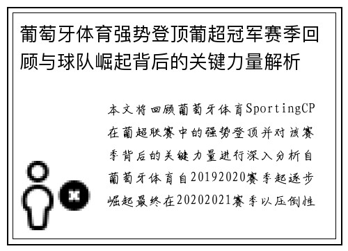 葡萄牙体育强势登顶葡超冠军赛季回顾与球队崛起背后的关键力量解析